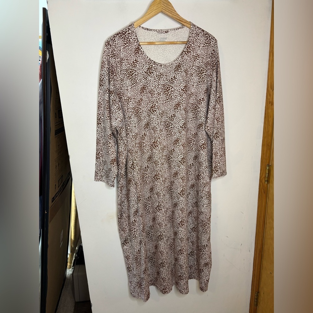 Lands' End 3X Brown and White Animal Print Long Sleeve Midi Dress